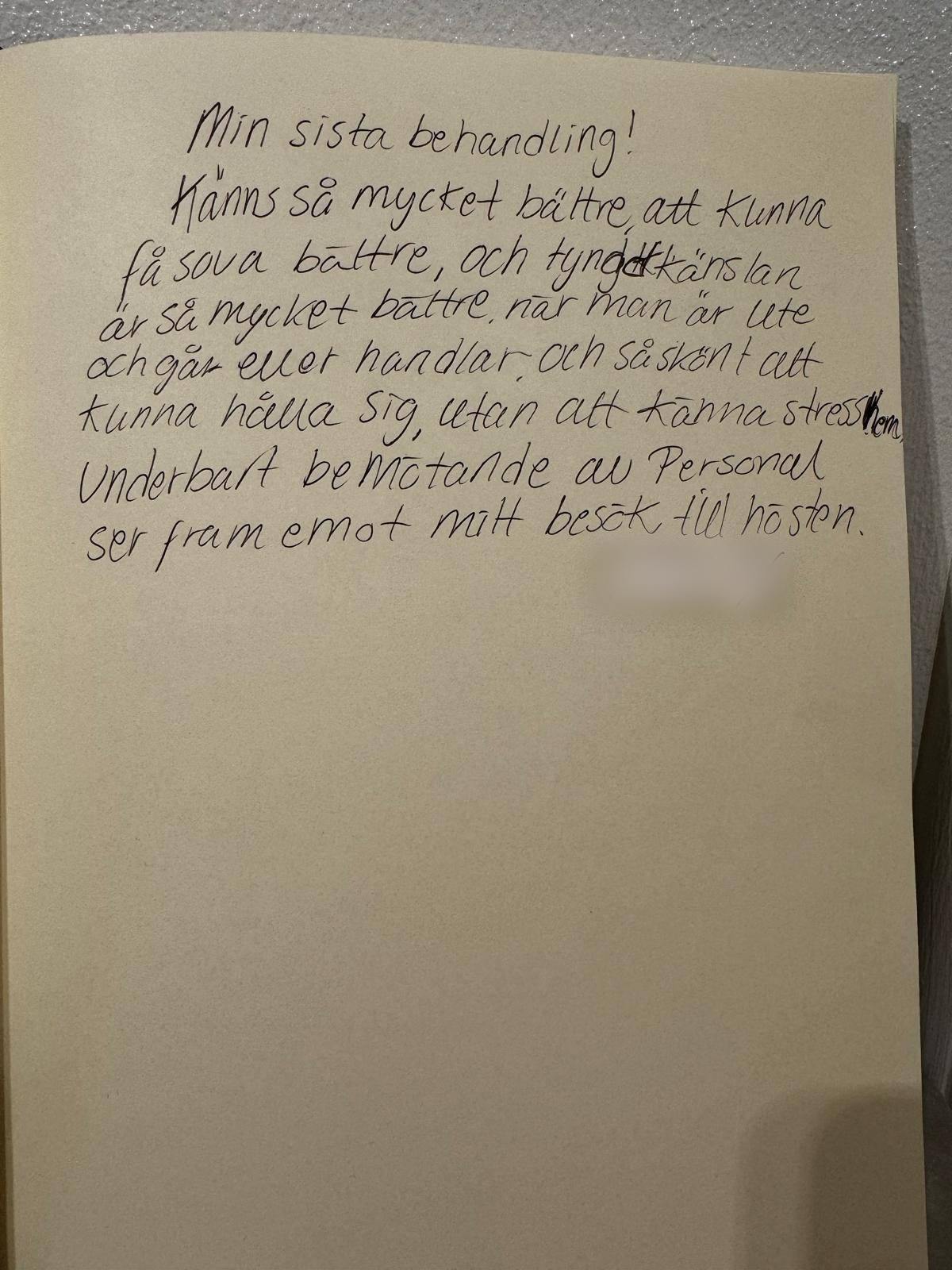 Handskriven recension i gästboken: bättre sömn och mindre tyngdkänsla efter Emsellakuren.