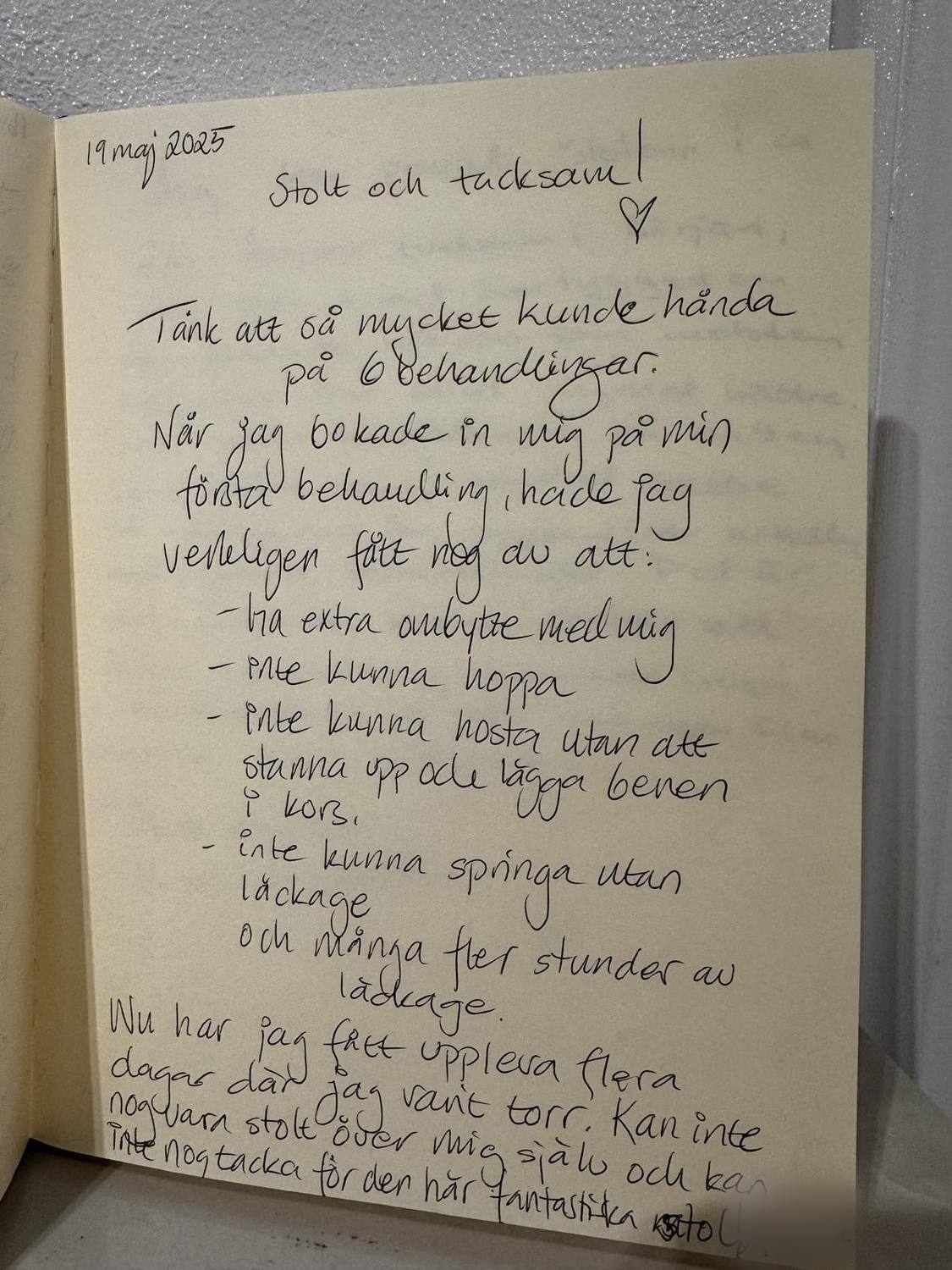Handskriven recension i gästboken, 19 maj 2025: torra dagar efter sex behandlingar.