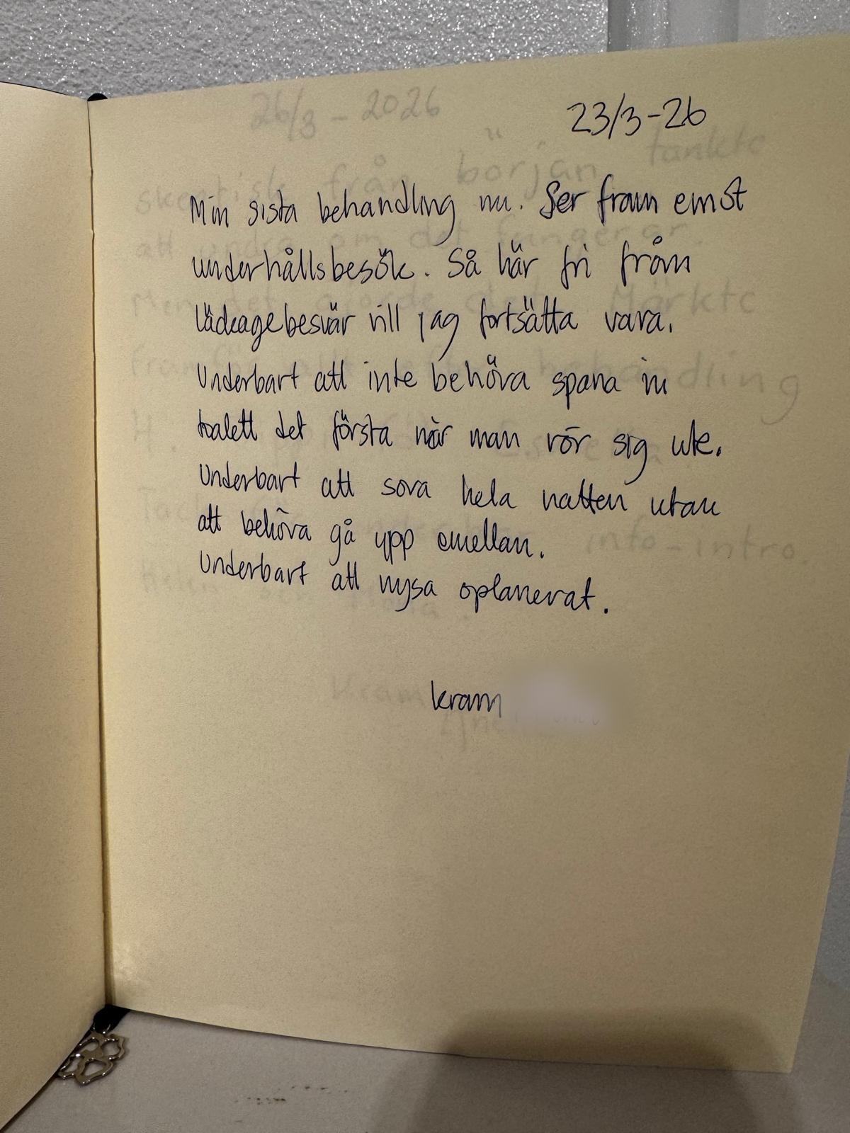 Handskriven recension i gästboken, 23 mars 2026: sover hela natten och behöver inte längre spana efter toalett.